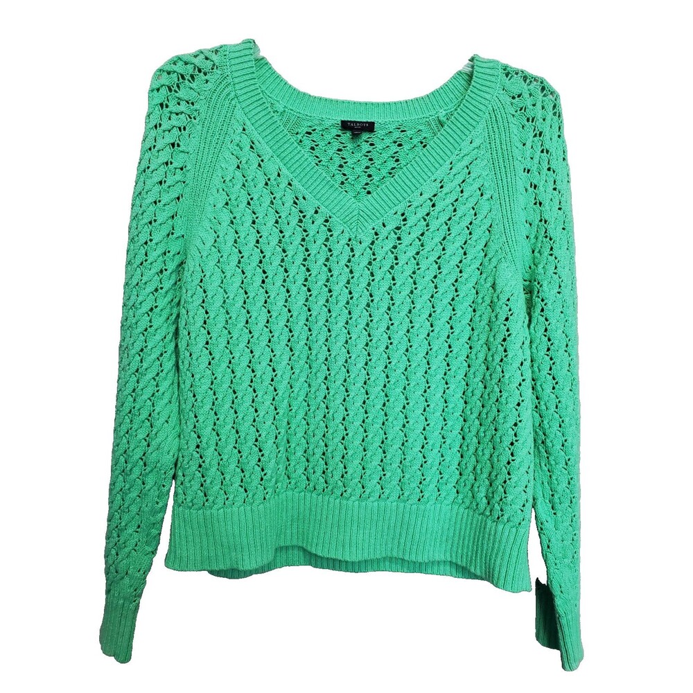 Talbots Petite Green Open Knit V-Neck Long Sleeve Sweater Size XLP Preppy